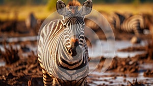 Close-up Backlit Photography Of A Zebra Standing In Mud photo