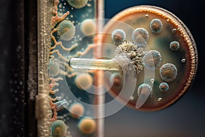 close-up of bacteria on the door handle, with visible microstructures