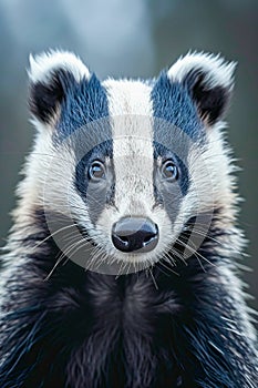 Close up of badger's face with its beady eyes focused on something. Generative AI