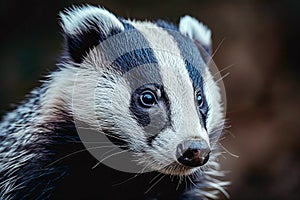 Close up of badger& x27;s face with its beady eyes focused on something. Generative AI