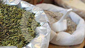 seeds, legumes and lentils at organic food market photo