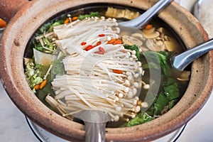 Close-up Bak kut teh or Hokkien ingredient herb vegetable and me