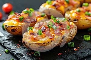 Close up baked potatoes in jacket topped with bacon, green onions and cheddar cheese on black slate serving board