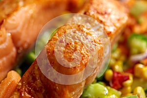 Close up of baked salmon fish with vegetables