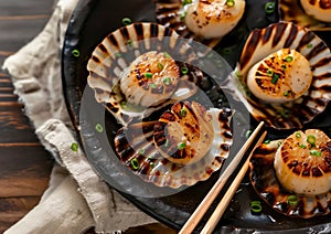 Close-up of baked scallops with breadcrumbs, lime, parsley and mint. Dark background. Seafood. Overview