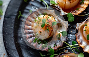 Close-up of baked scallops with breadcrumbs, lime, parsley and mint. Dark background. Seafood. Top view