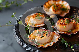 Close-up of baked scallops with breadcrumbs, lime, parsley and mint. Dark gray background. Seafood