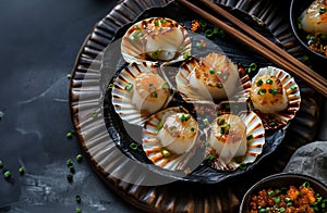 Close-up of baked scallops with breadcrumbs, lime, parsley and mint. Dark gray background. Top view. Seafood