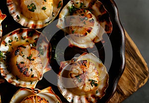 Close-up of baked scallops with breadcrumbs, lime, parsley and mint. Dark wood background. Seafood. Top view shot
