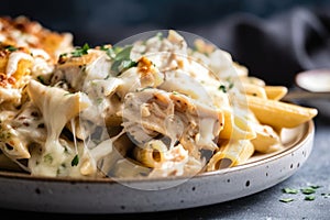 Close-up of Baked Ziti with Creamy Alfredo Sauce and Grilled Chicken Topping