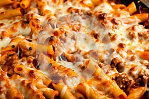 Close-up of Baked Ziti with Spicy Italian Sausage and Tomato Sauce