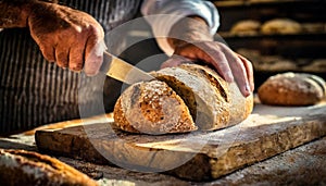 Close-up of a Baker Cutting a Loaf of Bread into Slices - Generative Ai