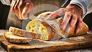 Close-up of a Baker Cutting a Loaf of Bread into Slices - Generative Ai