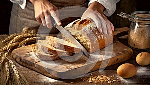 Close-up of a Baker Cutting a Loaf of Bread into Slices - Generative Ai