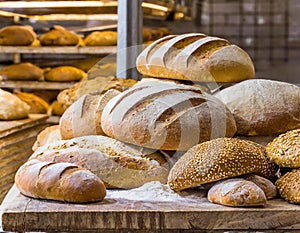 close up of a bakers fresh loaves in a bakery