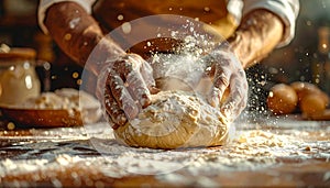 Baker Kneading Dough in Rustic Kitchen Setting