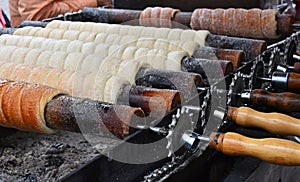 Close up baking chimney cake on grill