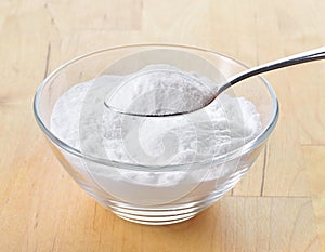 Close-up of baking soda on spoon.