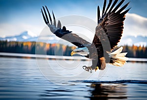 A close up of a Bald Eagle flying over water