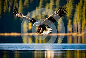 A close up of a Bald Eagle flying over water