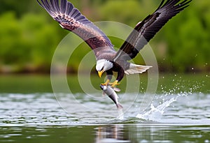 A close up of a Bald Eagle flying over water