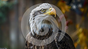 Close-Up Of A Bald Eagle\'s Head And Shoulders With A Colorful Autumnal Background