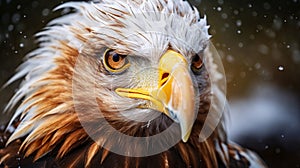 Close Up of a Bald Eagle’s Head with White Feathers and Yellow Beak (AI Generated)