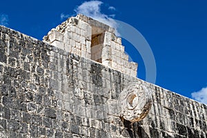 A close up of the Ball Court Goal of Chichen Itza in Mexico.