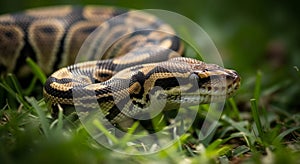 Close-up of a Ball Python snake coiled in green grass reptile animal