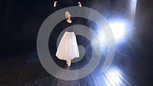 Close-up of the ballerina floating over the stage. Steadicam. HD.