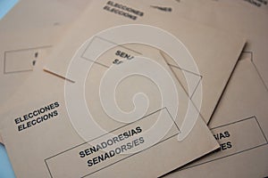 Close-up of ballots for the election of senators in Catalan and Spanish