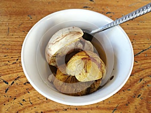 Close up of balut (boiled developing duck embryo) in Hanoi, Vietnam