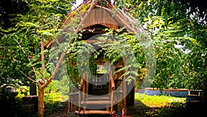 Close-Up Of Bamboo  Made Small House In a Garden