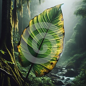 A close-up of a banana leaf with veins and spots