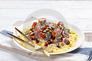 Close-up of Bangers and Mash on a plate