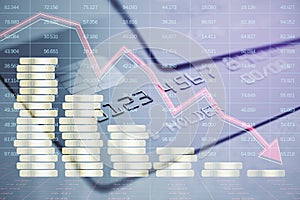 Close up of bank card with creative forex chart hologram with declining stacked coins. Financial recession, plummeting trade