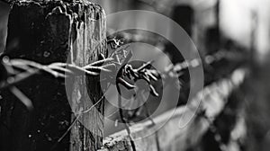 A close up of a barbed wire fence with some trees in the background, AI