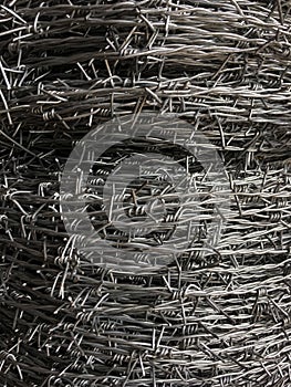 Close up of barbed wire with sharp metal thorns.