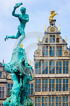 Close up Barbo fountain and guild houses in Antwerp, Belgium