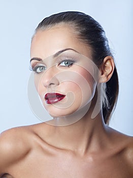 Close up Bare Seductive Woman in Dark Red Lipstick