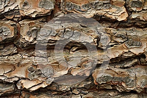 Close up of the bark of a pine tree, showing its rough and scaly texture.