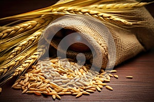 close-up of barley grains in a burlap sack