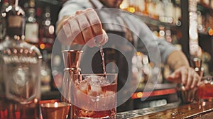 Close-up of bartender pouring a drink into a glass with ice at a dimly lit bar photo