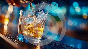 Close-up of a bartender pouring liquid into a glass with splashes and bokeh lights