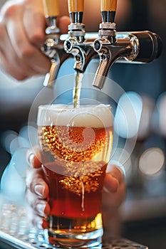 Close up of bartender s hands expertly pouring beer from tap for detailed visual inspection photo