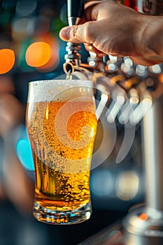 Close up of bartender s skilled hands pouring draft beer from tap in expertly captured shot photo