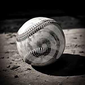 Close up of baseball on baseball field in black and white, created using generative ai technology