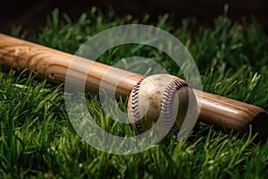 Close up of a baseball bat and ball on green grass. Generative AI