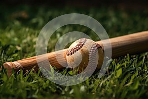 Close up of a baseball bat and ball on green grass. Generative AI