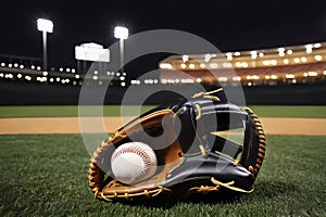 Close-up of a baseball in a catcher& x27;s glove on a sports field for play